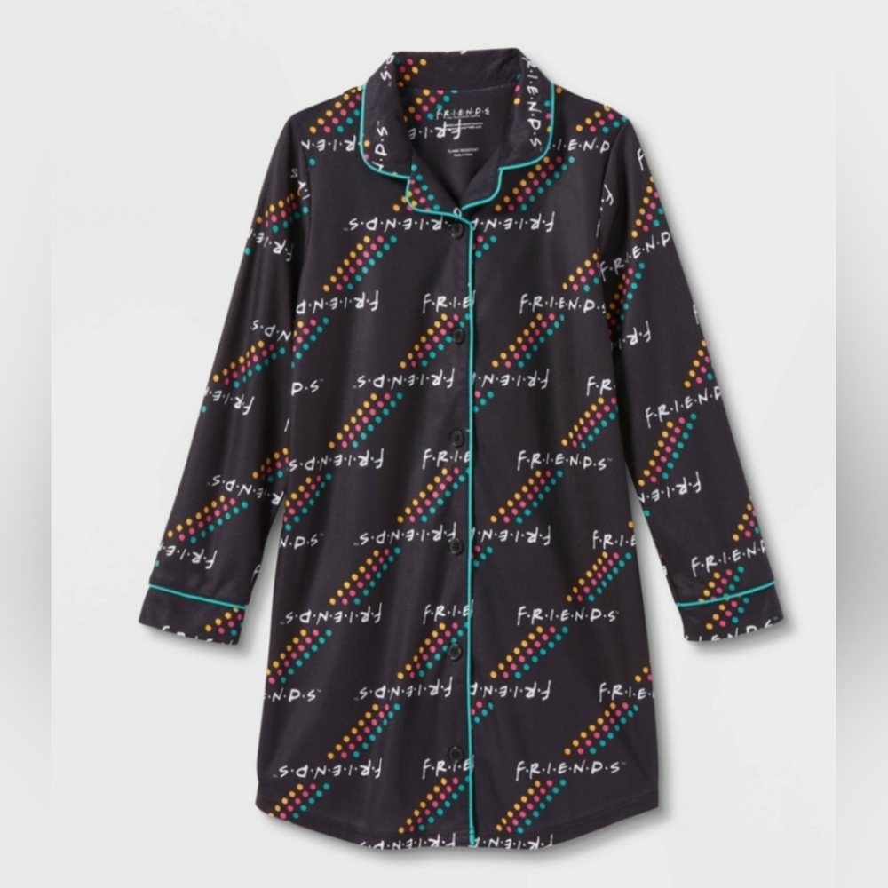 BLACK "Friend's" Oversize Button Up Lounge Shirt Teen Size 12